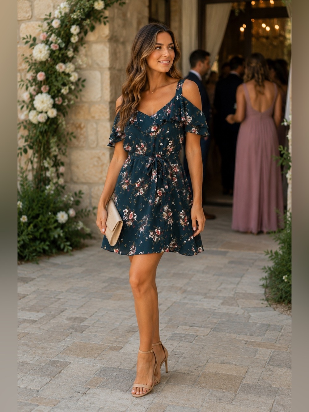 Collective Concepts Floral Cold Shoulder Ruffle Dress Teal Belted Size M